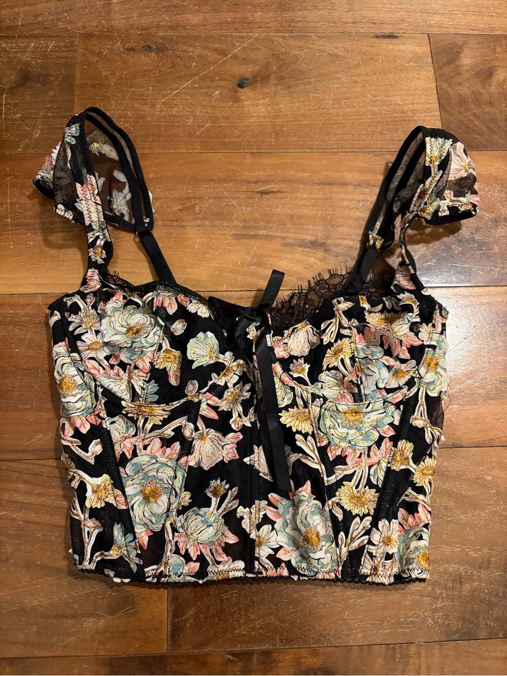 NWT Victoria's Secret Black Floral Lace-Trim Corset Crop Top